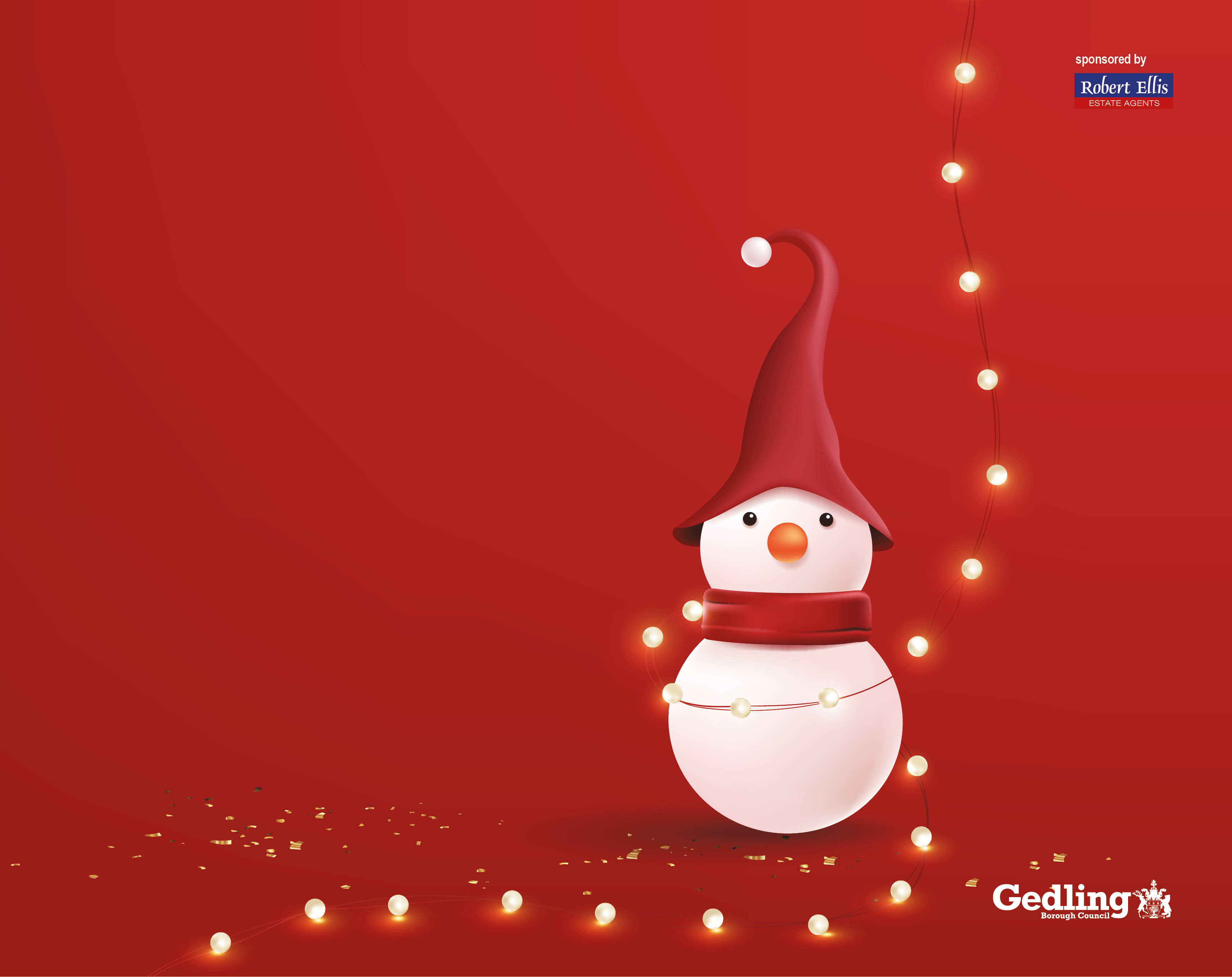 A red background with a snowman wearing a red scarf and hat surrounded by Christmas lights. In the top right corner, text reads 